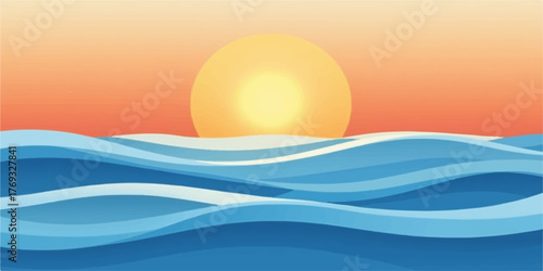 Vibrant sunset over stylized ocean waves with warm orange sky and bright sun disk