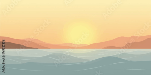 Serene sunset over a calm body of water with distant rolling hills and a warm glowing sky