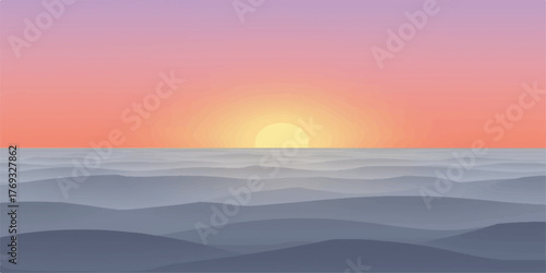 Serene ocean waves at sunrise with a gradient sky of pink and purple hues and a bright sun