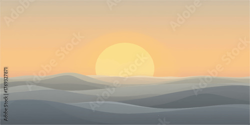 Serene minimalist landscape with a glowing sun rising over rolling hills and a hazy horizon at dawn