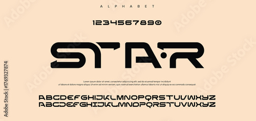 Font digital cyber alphabet with point, trendy letters A, B, C, D, E, F, G, H, I, J, K, L, M, N, O, P, Q, R, S, T, U, V, W, X, Y, Z and numerals 0, 1, 2, 3, 4, 5, 6, 7, 8, 9.