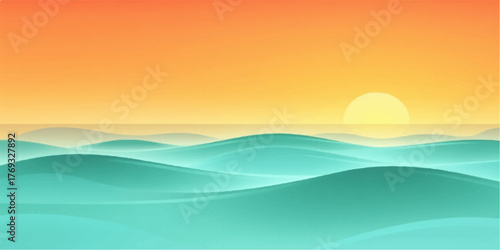 Serene abstract ocean waves under a vibrant orange sunset with a glowing sun in the distance