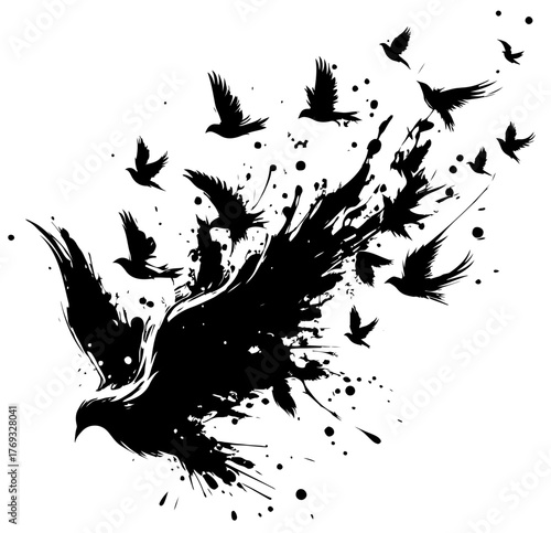  A bold black ink splash radiates outward as white doves soar through the air, creating dramatic contrast. An abstract composition conveying chaos and freedom, suitable for art
