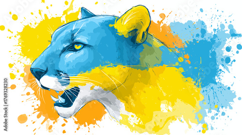 Vibrant artistic cougar illustration with blue and yellow watercolor splashes. Dynamic wild cat artwork perfect for design projects.