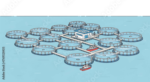 Aerial view of a futuristic floating structure with multiple circular modules connected by walkways over calm blue water.