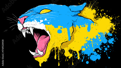 Vibrant graphic illustration of a roaring panther head with blue and yellow paint splatters on black. Dynamic artistic design.