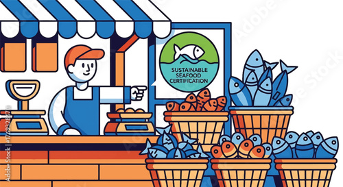 Cartoon fishmonger standing behind a seafood stall with baskets of fish and a sign reading 'Fresh Catch' in a market.