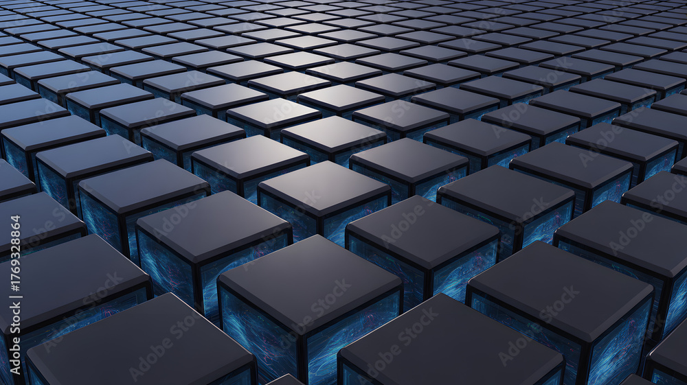 Fototapeta premium Abstract 3d geometric pattern of dark blue cubes receding into the distance with subtle blue light emanating from below