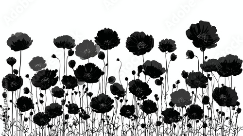 Elegant black poppy flower silhouettes blooming in a stylized field, isolated on white. Nature inspired floral border design element.