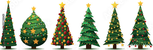 Vector New Year set with christmas trees. Evergreen trees with balls, stars and garlands. Fir trees for Christmas.