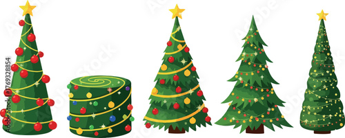 Vector New Year set with christmas trees. Evergreen trees with balls, stars and garlands. Fir trees for Christmas.