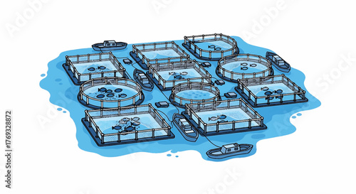 An aerial view of a large aquaculture farm with multiple circular and rectangular enclosures in the water.