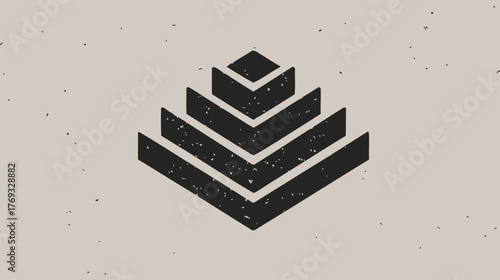 Distressed geometric pyramid icon with stacked layers. Abstract grunge square shape design element on a textured beige background.