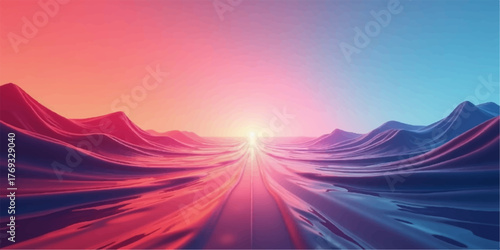 Surreal landscape with glowing horizon and vibrant undulating terrain in pink blue and orange hues