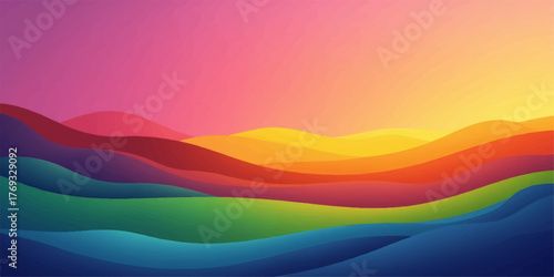 Vibrant abstract landscape with flowing waves of rainbow colors at sunset or sunrise