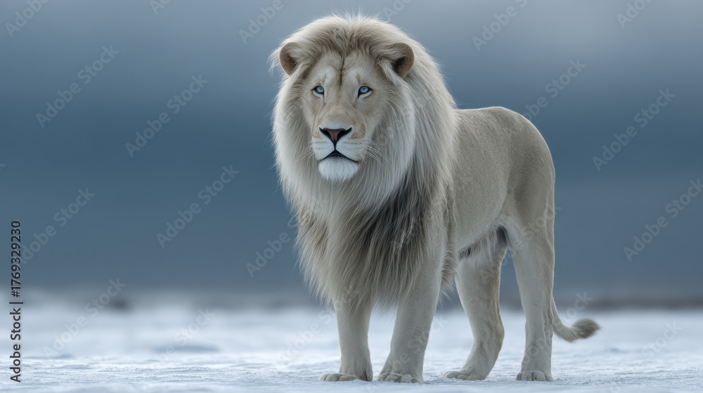 Obraz premium White lion standing alone in vast snowy landscape with soft blue lighting and dramatic gaze