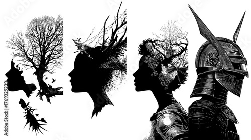 Mythical silhouettes of women with nature headpieces and a warrior with horned helmet. Abstract black and white illustration.