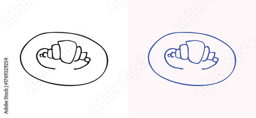 A simple hand-drawn croissant on a plate in black and white, perfect for bakery, breakfast, and pastry-related designs.