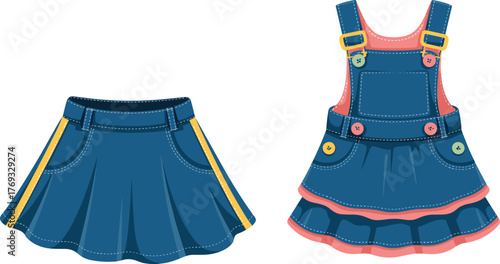 Children’s denim skirt and overall dress front view illustration with pleats, buttons, straps, pocket detail for fashion design template