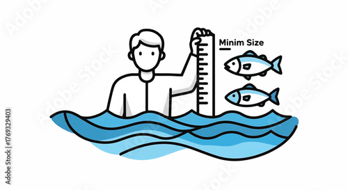 A minimalist line drawing of a man measuring water level with a ruler next to three fish and wavy blue lines on a white background.