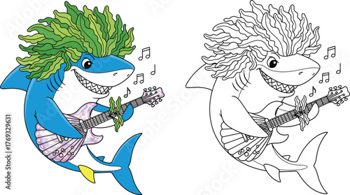Cool Rockstar Shark Playing Guitar Underwater – Fun Music Cartoon and Coloring Page for Kids