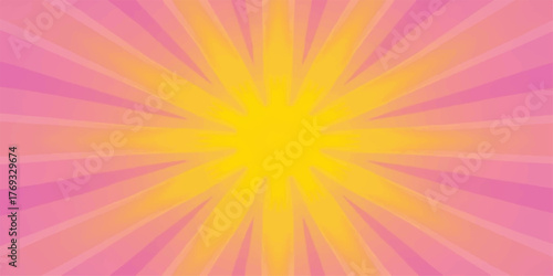 Vibrant yellow sunburst radiating outwards against a soft pink and orange gradient background