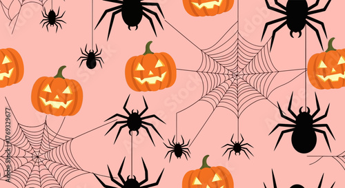 Delightful halloween vector pattern featuring pumpkins, spiders and cobwebs against a pale pink