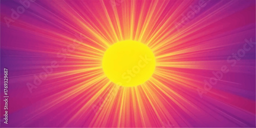 Vibrant yellow sunburst radiating warm light across a glowing purple and pink background with soft focus