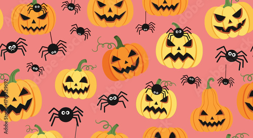 Festive halloween pattern with smiling jack-o'-lanterns and adorable spiders for spooky season decor
