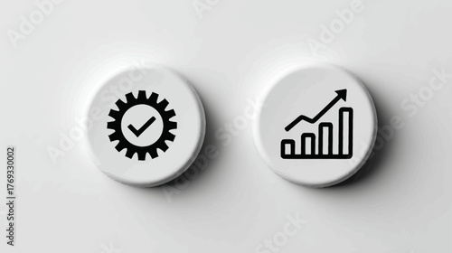 Business process optimization, quality control, and financial growth concept with gear checkmark and ascending bar graph icons