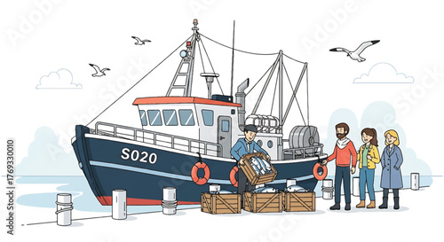 Illustration of a fishing boat with people standing on shore with several crates and barrels around.