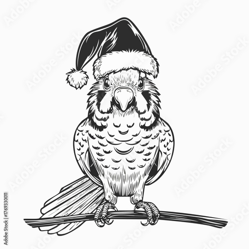 Christmas Budgie in Santa Hat Cute Bird Vector Illustration