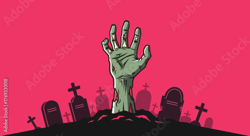 Cartoonish depiction of zombie rising in cemetery during halloween season backdrop