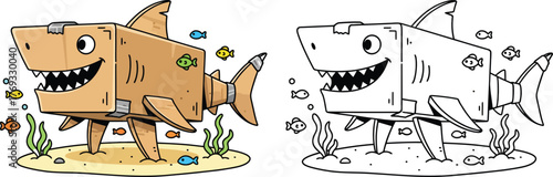 Funny Cardboard Shark Costume Underwater – Cute Cartoon Illustration and Coloring Page for Kids