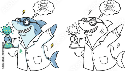 Funny Scientist Shark Mixing Potion with Volcano Idea – Cute Cartoon Illustration and Coloring Page