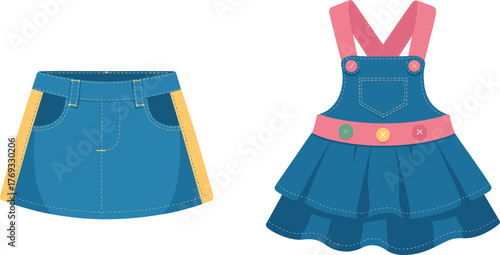 Children’s denim skirt and pinafore dress front view illustration with colorful buttons, stitching details for fashion design vector template