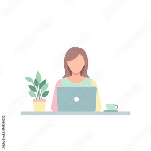Flat Design Illustration of a Woman Working on Laptop.eps