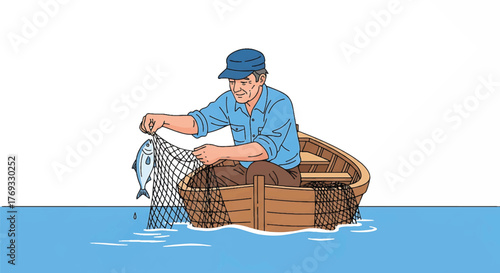 Illustration of a man in a small wooden boat on water, holding a fishing net, wearing a blue shirt and cap.