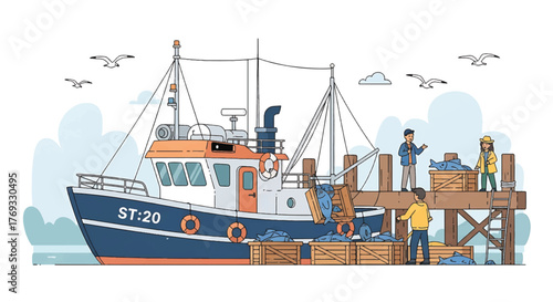 Illustration of a blue and orange fishing boat docked at a pier with people loading crates.