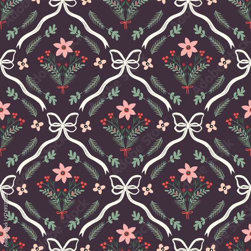 Christmas vintage seamless pattern with floral bouquets and coquette ribbons, elegant floral  wallpaper, holiday background