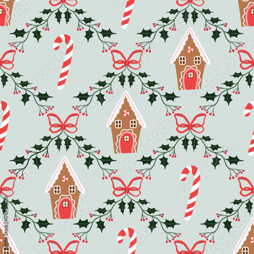Christmas coquette seamless pattern with gingerbread houses, candies and ornamental bows and branches