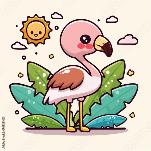 Adorable cartoon flamingo surrounded by lush tropical leaves under a cheerful sun, rendered in a vibrant flat vector style perfect for children's themes