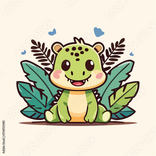 Adorable green cartoon dinosaur sitting amidst lush tropical leaves and fluttering butterflies, a delightful children's illustration