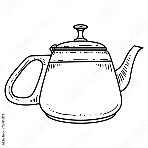 Vector line art illustration of stainless steel teapot in black and white, showing spout, handle, and lid details, perfect for kitchen icons, cafe designs, or tea-related artworks.
