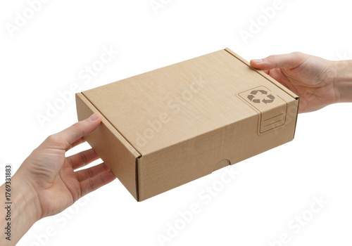 Kraft shipping box in hands with recycle sign — ecommerce packaging mockup for brand unboxing