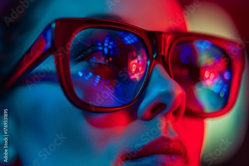 Wallpaper Mural Close up of a woman wearing glasses reflecting colorful neon lights of a futuristic cityscape, creating a cyberpunk atmosphere Torontodigital.ca