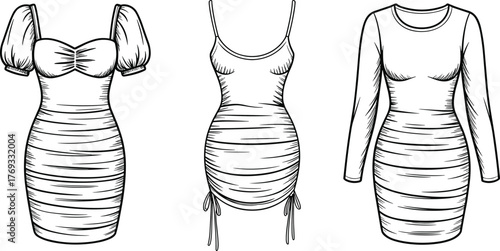 Ruched bodycon dresses front view illustration with puff sleeves, spaghetti straps, long sleeves for fashion design vector template