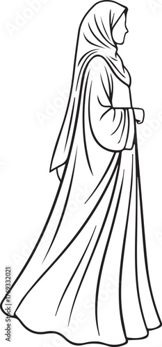 Elegant woman wearing hijab and flowing abaya in side profile sketch silhouette