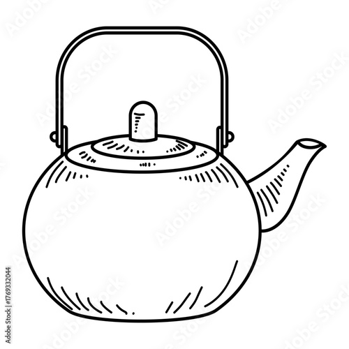 Minimalist line art vector of a shiny stainless steel tea kettle, clean black and white design suitable for kitchen branding or beverage illustration.