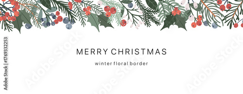 Winter floral Christmas border. Holiday holly foliage background. Xmas plant garland wreath vector flat illustration